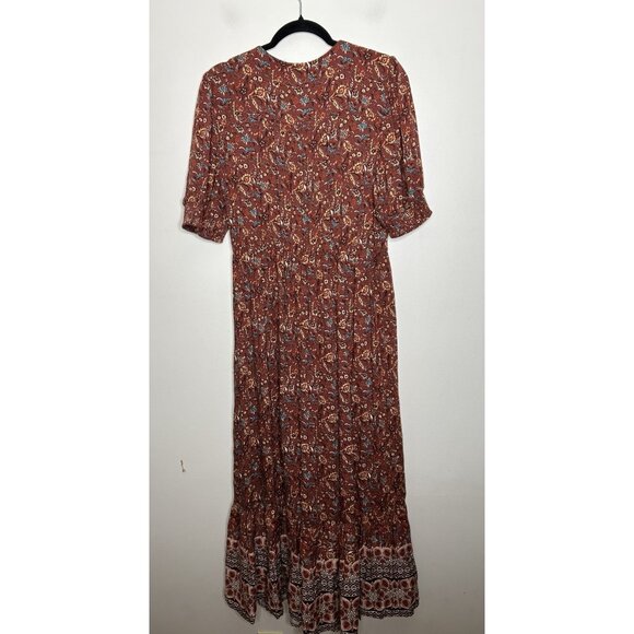 Knox Rose Women Dress Red Brown Floral A-Line Bohemian Ruffle Maxi Size Large - Picture 7 of 7